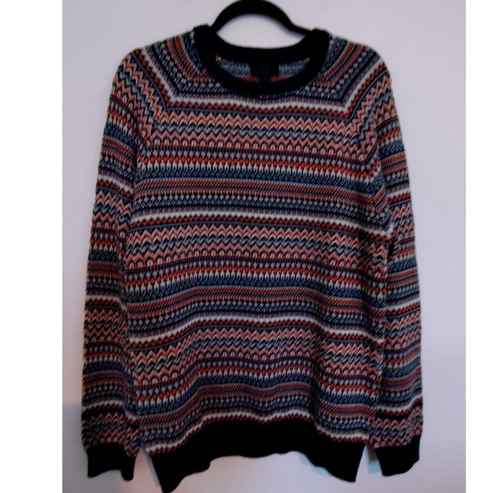 Magaschoni Mens Multi Color Geometric Fair Isle Knit Crewneck Sweater Medium